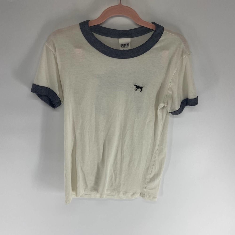 Victoria Secret Pink cream ringer gray logo tshirt